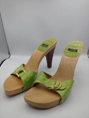Stuart Weitzman Croc Green Slides Mules Stacked Heel Sexy Sz 9 Made In Spain
